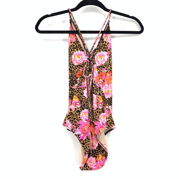 Victorias Secret One Piece Swimsuit Lace Up Front Womens M Leopard Floral Print - Picture 2 of 5